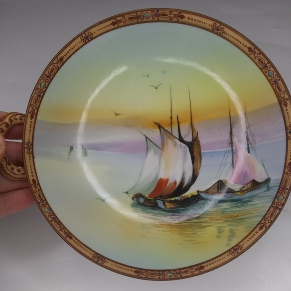 Vintage Hand Painted Nippon Morimura pedestal bowl with two handles and Moriage - Picture 9 of 16